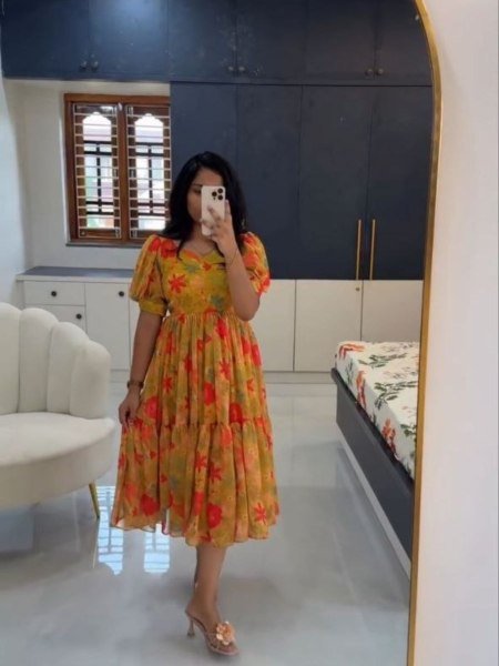 Trendy Orange Long Maxi Gown with Comfortable Fabric for Women Kurtis