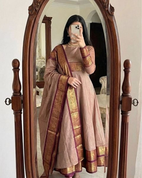 Trendy Peach Pattu Cotton Handwork Ethnic Top with Lace Border Dupatta for Party Wear Kurti With Dupatta Wholesale