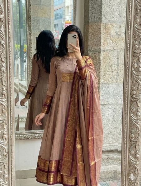 Trendy Peach Pattu Cotton Handwork Ethnic Top with Lace Border Dupatta for Party Wear Kurti With Dupatta Wholesale