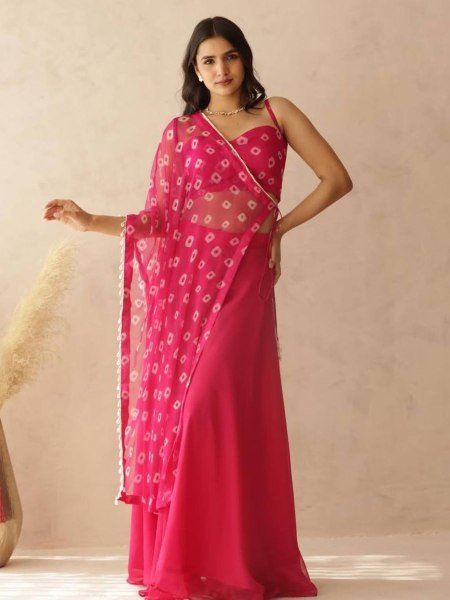 Trendy Pink Fox Georgette Palazzo Set with Dupatta and Stylish Bustier at Low Price Kurtis
