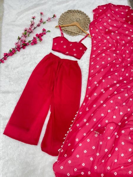 Trendy Pink Fox Georgette Palazzo Set with Dupatta and Stylish Bustier at Low Price Georgette Kurti 