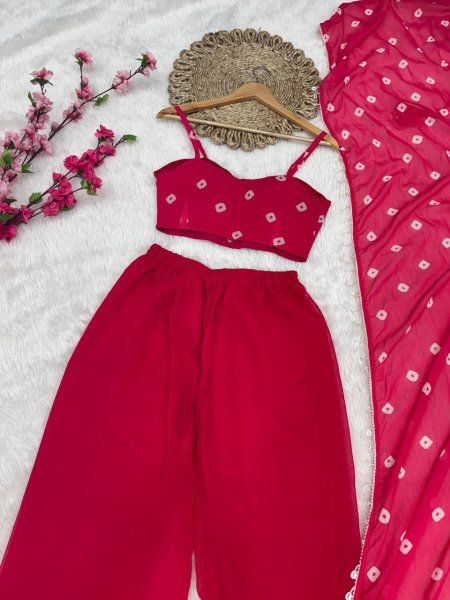 Trendy Pink Fox Georgette Palazzo Set with Dupatta and Stylish Bustier at Low Price Georgette Kurti 