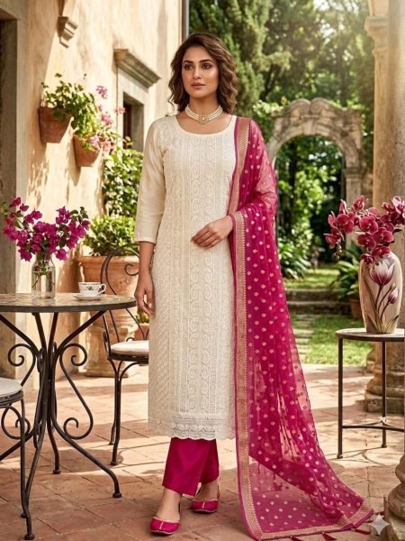 Trendy Pink Georgette Siffly Work Suit Set with Organza Silk Jacquard Dupatta 