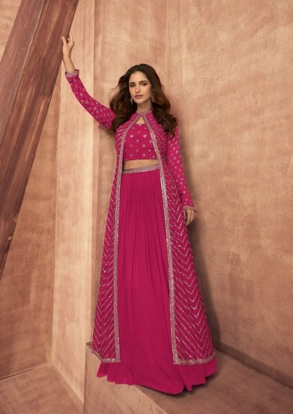Trendy Pink Indo Western Skirt Top With a Jacket From The Sayuri Designer Wedding Bridal Dress Wholesale