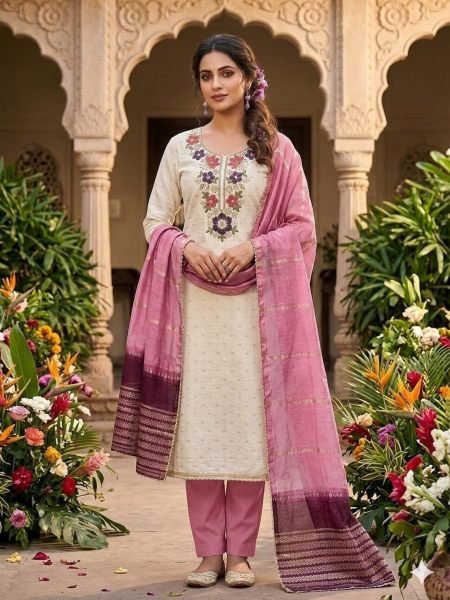 Trendy Pink Modal Top Suit Set with Bits Coding Work and Chanderi Silk Dupatta at Wholesale Rate Dress Material 