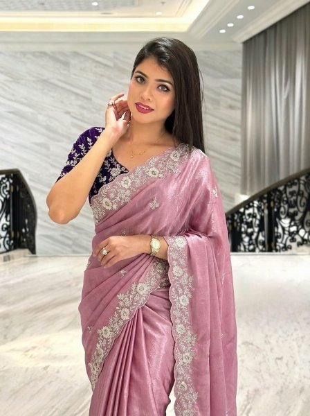 Trendy Pink Pure Chinon Silk Embroidered Saree with Heavy Work Blouse for Weddings Silk Sarees Wholesale