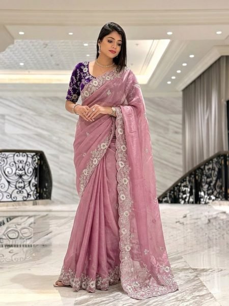Trendy Pink Pure Chinon Silk Embroidered Saree with Heavy Work Blouse for Weddings Silk Sarees Wholesale