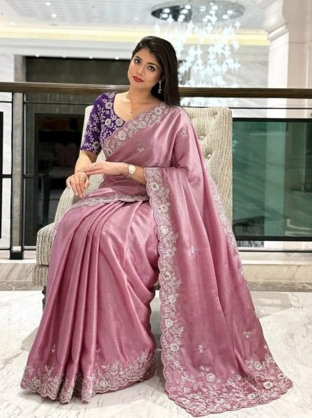 Trendy Pink Pure Chinon Silk Embroidered Saree with Heavy Work Blouse for Weddings Silk Sarees Wholesale