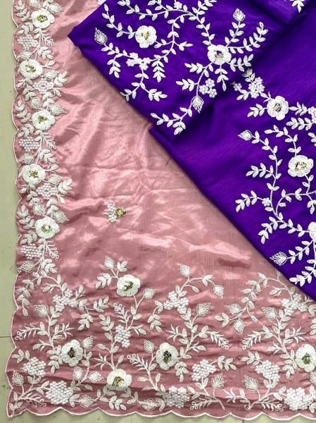 Trendy Pink Pure Chinon Silk Embroidered Saree with Heavy Work Blouse for Weddings Silk Sarees Wholesale