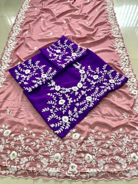 Trendy Pink Pure Chinon Silk Embroidered Saree with Heavy Work Blouse for Weddings Silk Sarees Wholesale