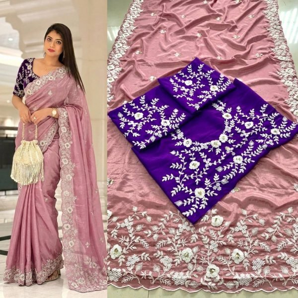 Trendy Pink Pure Chinon Silk Embroidered Saree with Heavy Work Blouse for Weddings Silk Sarees Wholesale