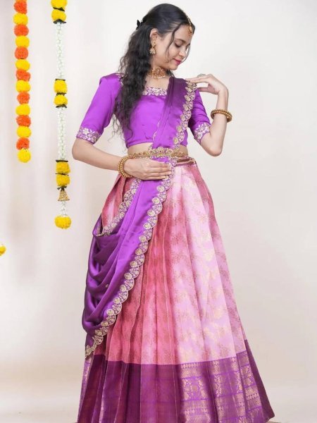 Trendy Pink Unstitched Kanjivaram Silk Lehenga Choli with Zari Work At Export  Lehenga