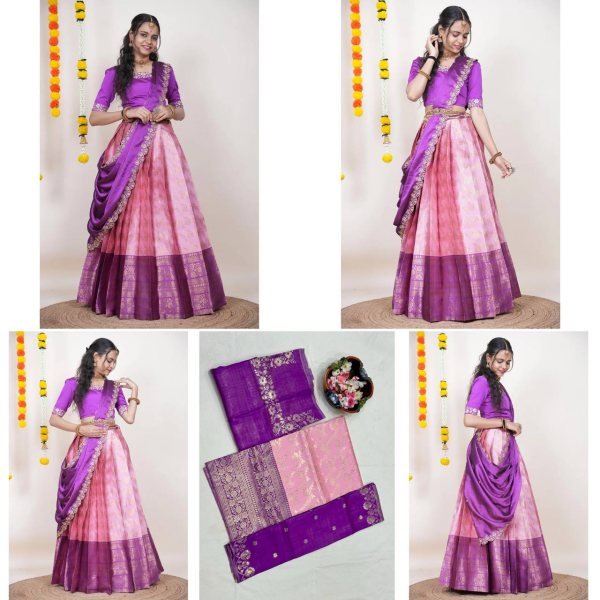Trendy Pink Unstitched Kanjivaram Silk Lehenga Choli with Zari Work At Export Half Saree Lehenga