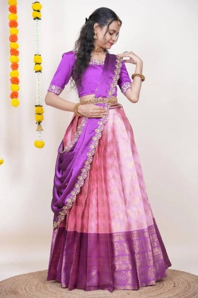 Trendy Pink Unstitched Kanjivaram Silk Lehenga Choli with Zari Work At Export Half Saree Lehenga