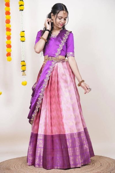 Trendy Pink Unstitched Kanjivaram Silk Lehenga Choli with Zari Work At Export Half Saree Lehenga