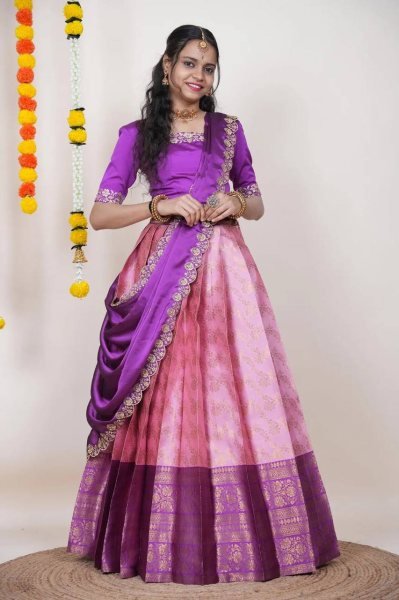 Trendy Pink Unstitched Kanjivaram Silk Lehenga Choli with Zari Work At Export Half Saree Lehenga