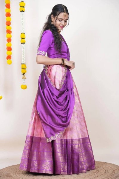Trendy Pink Unstitched Kanjivaram Silk Lehenga Choli with Zari Work At Export Half Saree Lehenga
