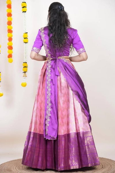 Trendy Pink Unstitched Kanjivaram Silk Lehenga Choli with Zari Work At Export Half Saree Lehenga