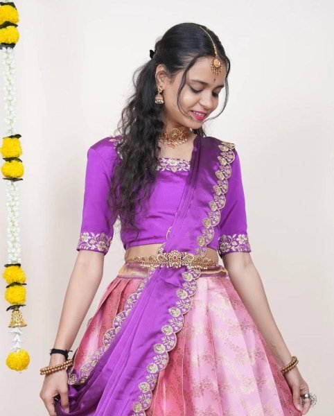 Trendy Pink Unstitched Kanjivaram Silk Lehenga Choli with Zari Work At Export Half Saree Lehenga