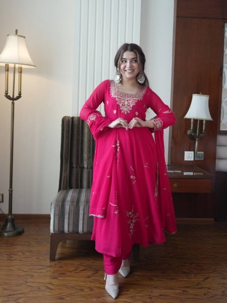 Trendy Pink Women's Fox Georgette Embroidered Kurti Palazzo Set For Wedding 