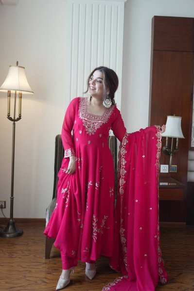 Trendy Pink Women's Fox Georgette Embroidered Kurti Palazzo Set For Wedding Ready To Wear Collection