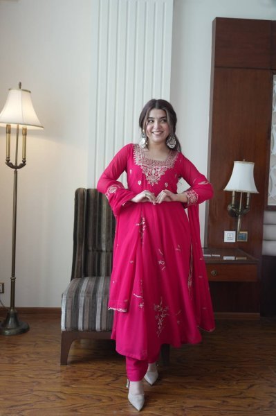 Trendy Pink Women's Fox Georgette Embroidered Kurti Palazzo Set For Wedding Ready To Wear Collection