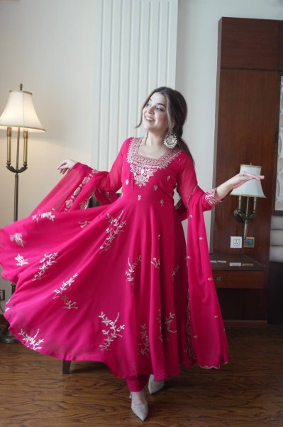 Trendy Pink Women's Fox Georgette Embroidered Kurti Palazzo Set For Wedding Ready To Wear Collection