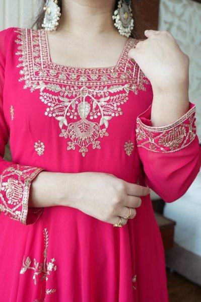 Trendy Pink Women's Fox Georgette Embroidered Kurti Palazzo Set For Wedding Ready To Wear Collection
