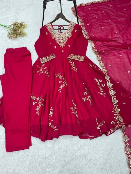 Trendy Pink Women's Fox Georgette Embroidered Kurti Palazzo Set For Wedding Ready To Wear Collection