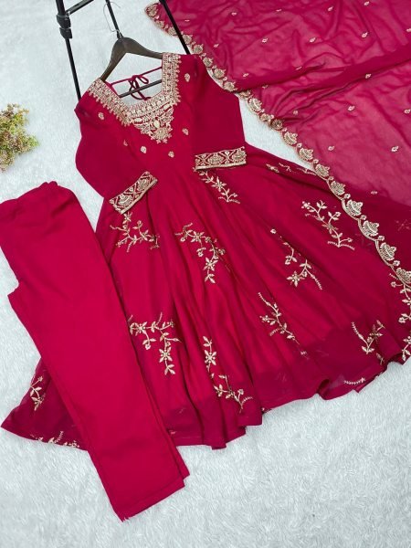 Trendy Pink Women's Fox Georgette Embroidered Kurti Palazzo Set For Wedding Ready To Wear Collection