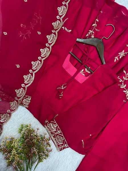 Trendy Pink Women's Fox Georgette Embroidered Kurti Palazzo Set For Wedding Ready To Wear Collection