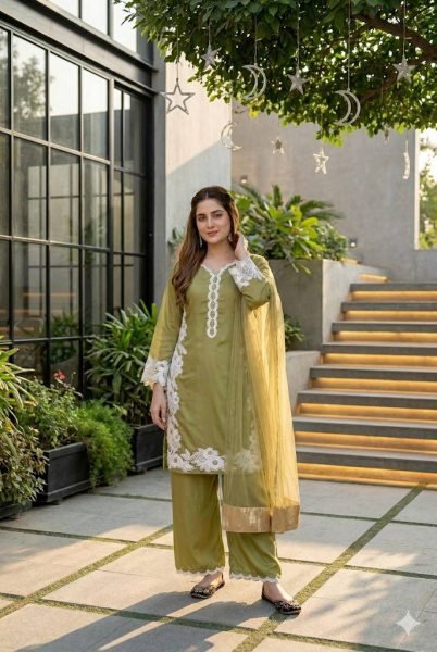 Trendy Pista Heavy Silk Top Palazzo Set with Pearl Hand Work for Parties Ready To Wear Collection