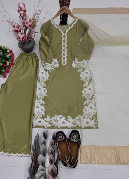 Trendy Pista Heavy Silk Top Palazzo Set with Pearl Hand Work for Parties Ready To Wear Collection
