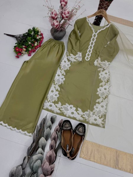 Trendy Pista Heavy Silk Top Palazzo Set with Pearl Hand Work for Parties Ready To Wear Collection