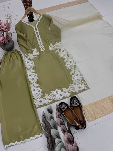 Trendy Pista Heavy Silk Top Palazzo Set with Pearl Hand Work for Parties Ready To Wear Collection