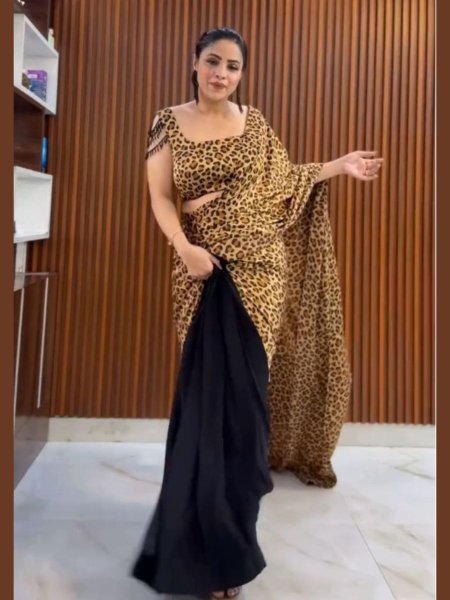 Trendy Leopard Printed Crape Silk Saree with Animal Print   Stylish Blouse Ready to Wear Ready To Wear Collection