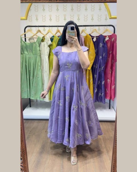 Trendy Purple Chinnon Silk Embellished Gown with Designer Neckline for Festive Occasions