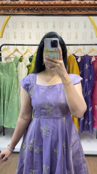 Trendy Purple Chinnon Silk Embellished Gown with Designer Neckline for Festive Occasions Anarkali Kurtis 