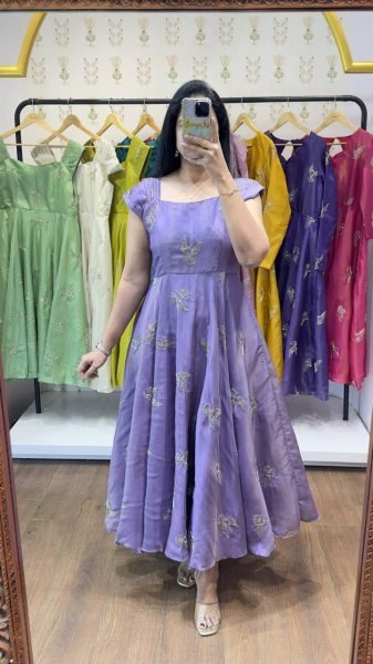 Trendy Purple Chinnon Silk Embellished Gown with Designer Neckline for Festive Occasions Anarkali Kurtis 