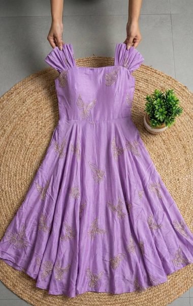 Trendy Purple Chinnon Silk Embellished Gown with Designer Neckline for Festive Occasions Anarkali Kurtis 