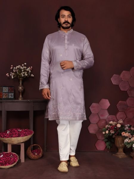 Trendy Purple Designer Smart Silk Kurta with Raymond Cotton Pyjama 