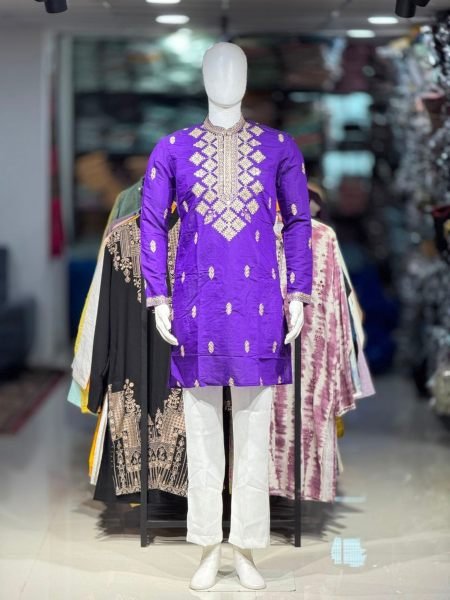Trendy Purple Men’s Embroidered Kurta with Matching Lined Cap and Pajama 