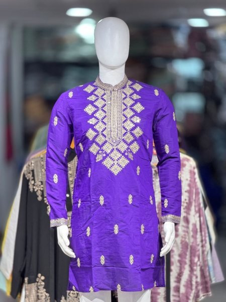 Trendy Purple Men’s Embroidered Kurta with Matching Lined Cap and Pajama Mens Short Kurta