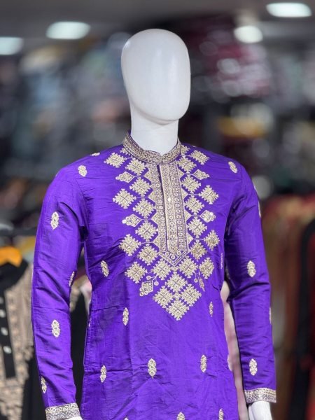 Trendy Purple Men’s Embroidered Kurta with Matching Lined Cap and Pajama Mens Short Kurta