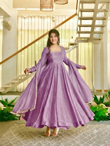 Trendy Purple Premium Crush Silk Gown Set with Foil Work and Latkan at Wholesale Rate Ready To Wear Suit