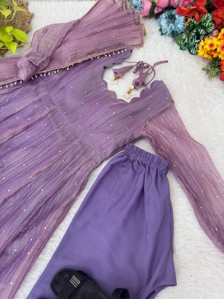 Trendy Purple Premium Crush Silk Gown Set with Foil Work and Latkan at Wholesale Rate Ready To Wear Collection