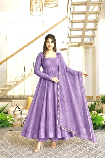 Trendy Purple Premium Crush Silk Gown Set with Foil Work and Latkan at Wholesale Rate Ready To Wear Collection