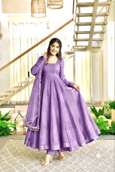 Trendy Purple Premium Crush Silk Gown Set with Foil Work and Latkan at Wholesale Rate Ready To Wear Collection