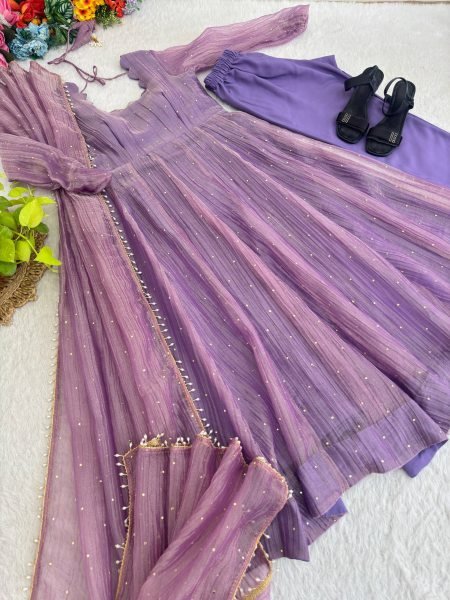 Trendy Purple Premium Crush Silk Gown Set with Foil Work and Latkan at Wholesale Rate Ready To Wear Collection