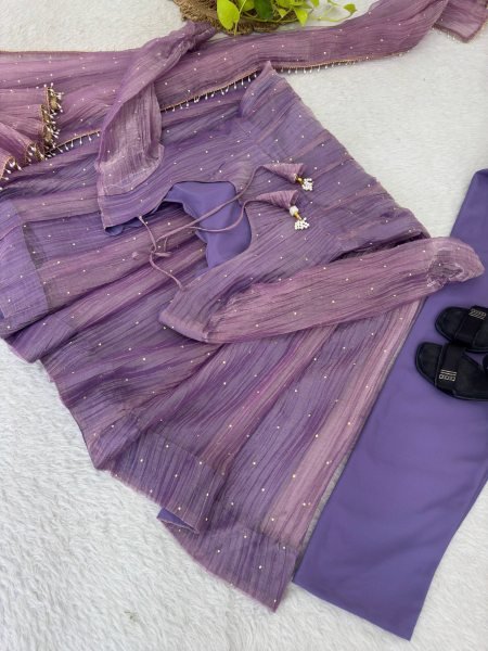Trendy Purple Premium Crush Silk Gown Set with Foil Work and Latkan at Wholesale Rate Ready To Wear Collection